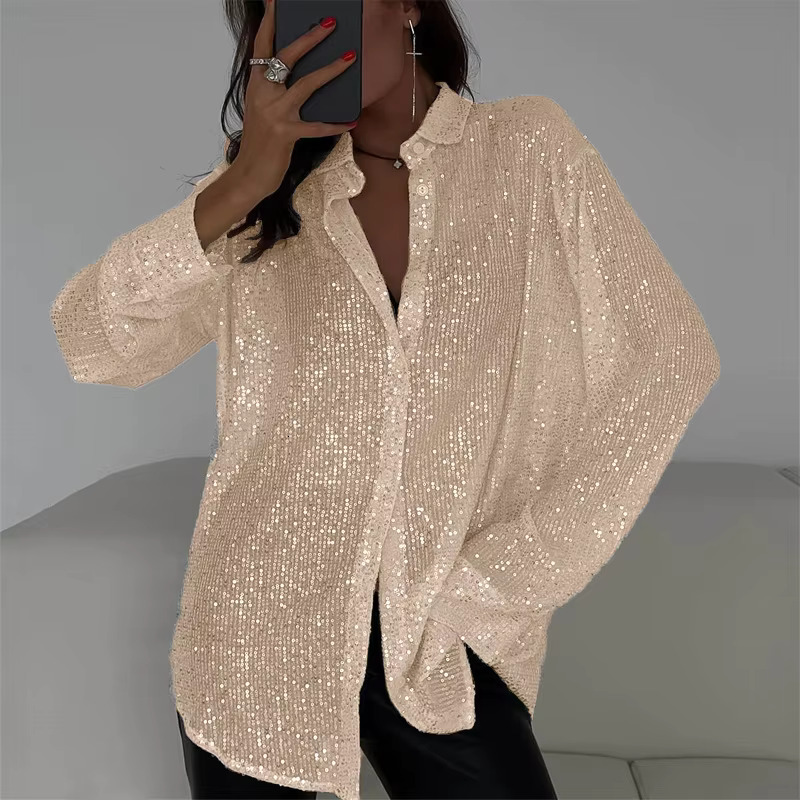 New Pearl Top with Collar Long Sleeved Cardigan Basic Women's Shirt Jacket