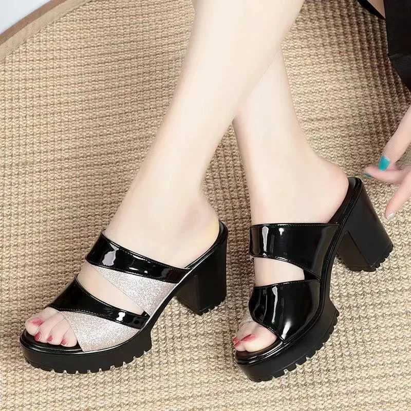 Summer Womens Shoes Thick Soled Thick Heel Slippers Open Toe High Heels Womens Outdoor Dress Party Womens High Heel SandalsXJ250207