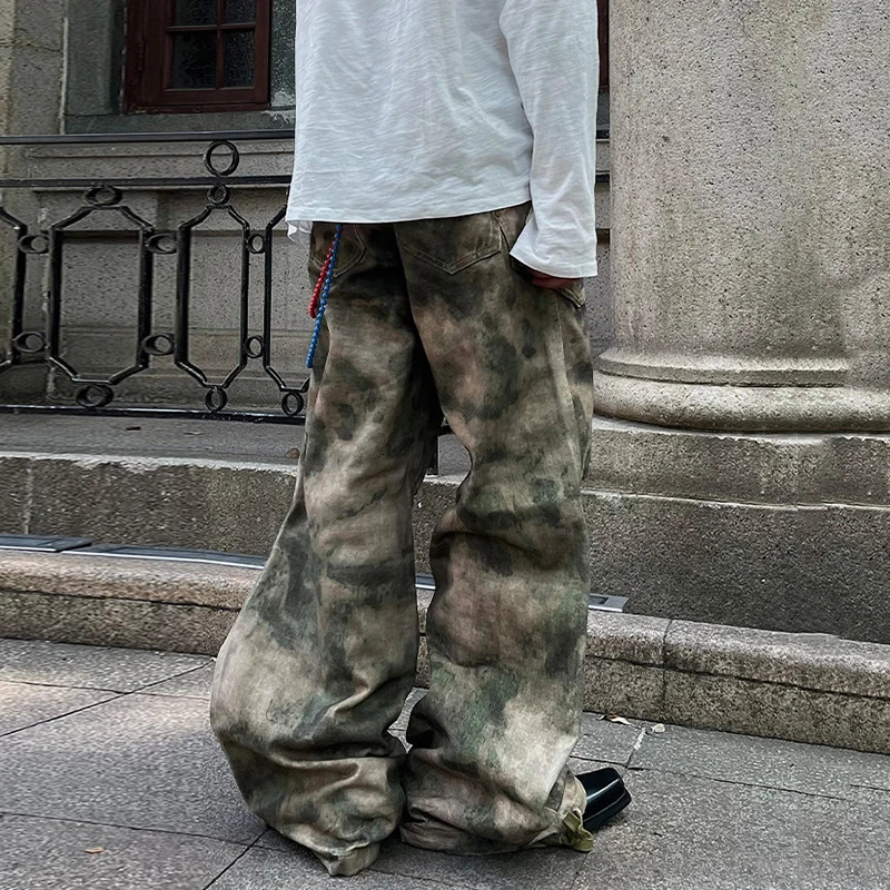 PFNW American Pleated Camouflage Straight Cargo Pants For Men Niche Vintage Loose Wide Leg Pants High Street Trousers 12C1807 250206