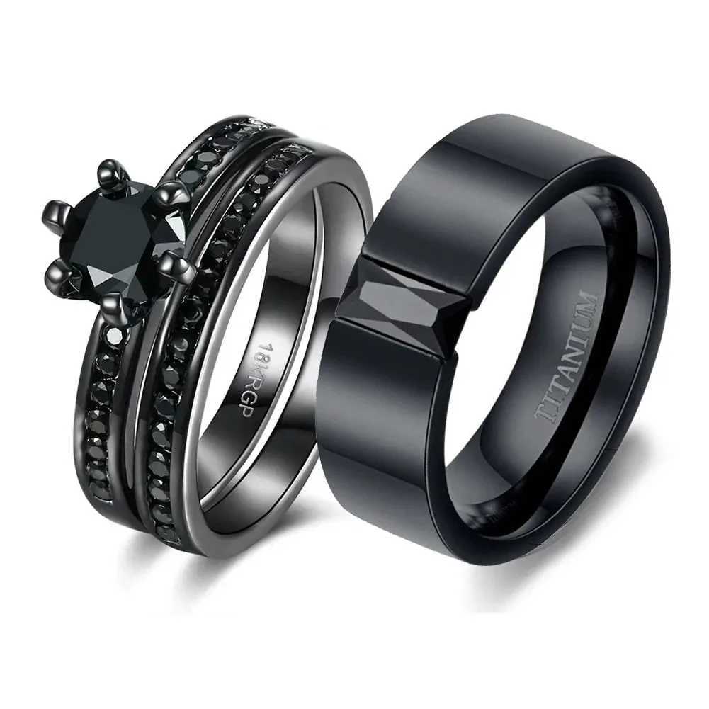 Fashion couple ring womens black Rhinestone zirconia ring set mens stainless steel zirconia ring wedding ring jewelry gift W250207