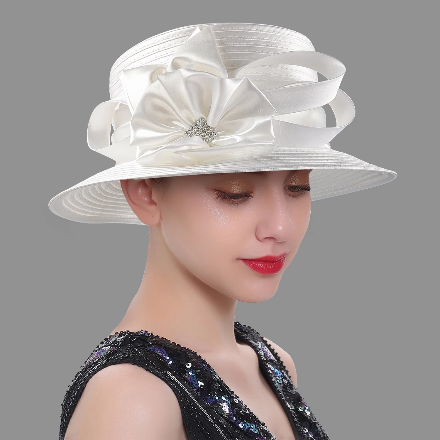 est Women Satin Cloth Flower Church Hat Elegant Pography Top Hat Fashion Female Banquet Fascinator Wedding Formal Hats 250207