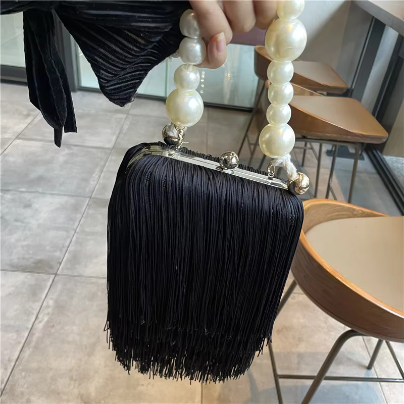 Small Square Female Pearl Chain Handbag Dinner High Quality Long Tassel Clutch Black Evening Bag PU Cartoon