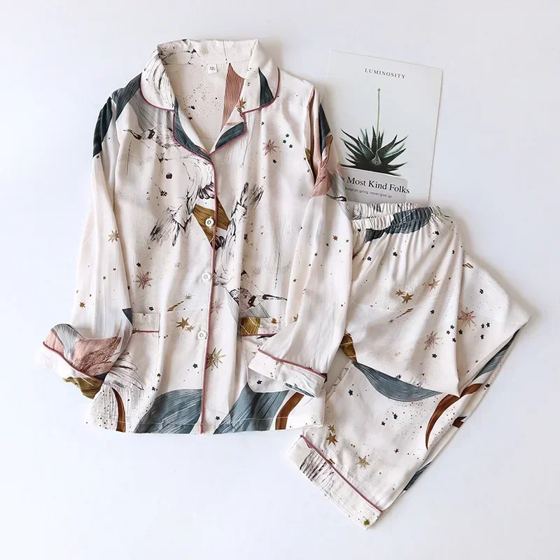 Spring Summer 100% viscose long-sleeved trousers ladies pajamas suit 3XL plus size long Sleepwear womens home Nightwear 250207