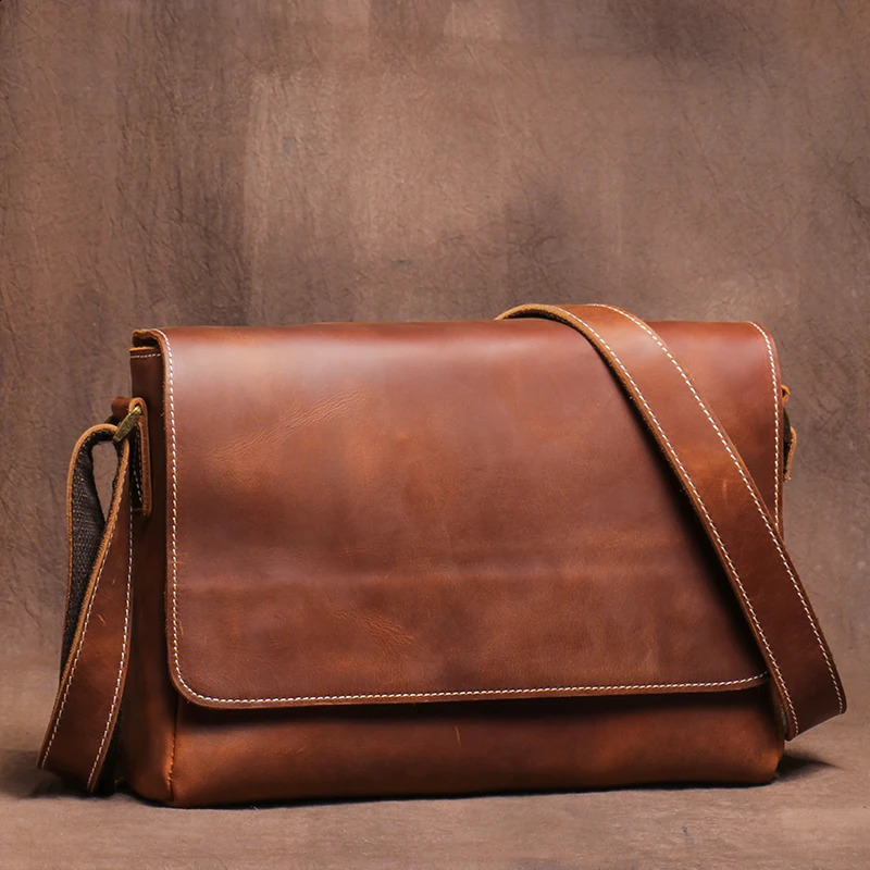 LUOKIR Vintage Crazy Horse Mens Crossbody Bag Genuine Leather Shoulder High Quality Simple Flap Cowhide Messenger Bags 250206