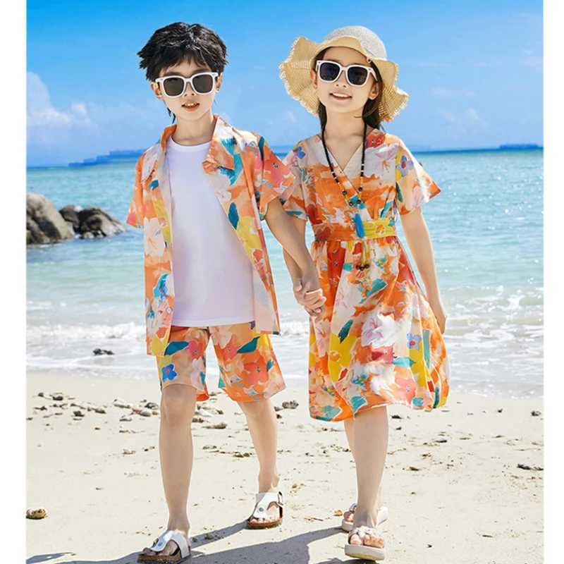 Holiday Parents Children Beach Clothes Vacation Family Brother Sister Matching Clothing Mom Daughter Dress Dad Son Shirts Sets W250207