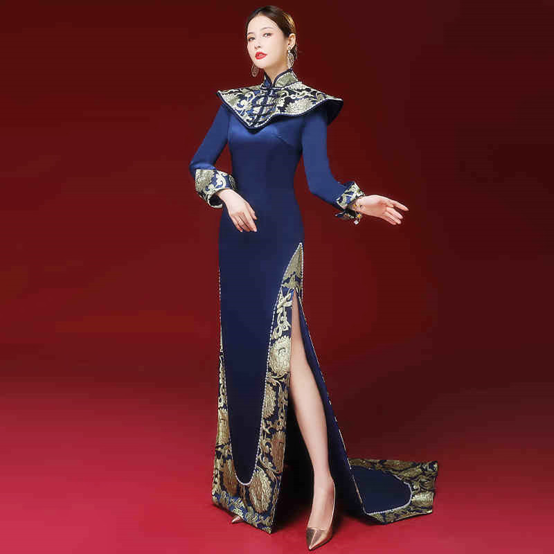 Chinese Style Model Blue Cheongsam Red Carpet Show Clothing High End Tailing Performance Costume Host Banquet Evening Dress