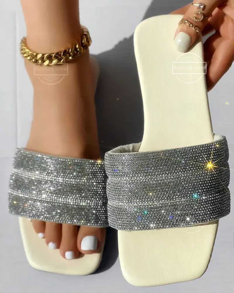 Slippers Womens Rhine Wide Strap Square Toe Slippers Flip Flops Flat Sandals Ladies Slippers Shoes Female Bling LuxuryXJ250207