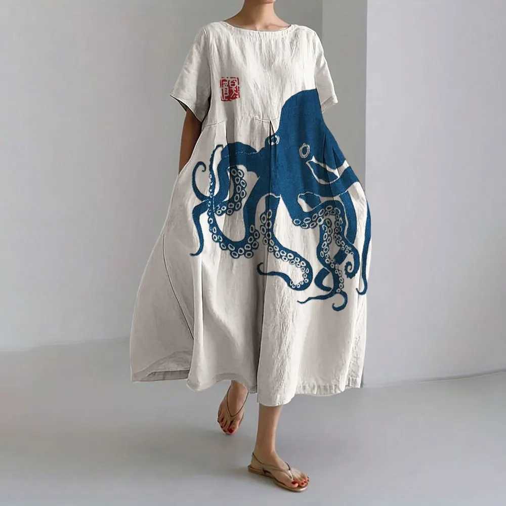 Retro Octopus Digital Print Short Sve Long Dress Summer New Women Casual Ele Dress Women Loose Crew Neck Pocket DressXJ2500207