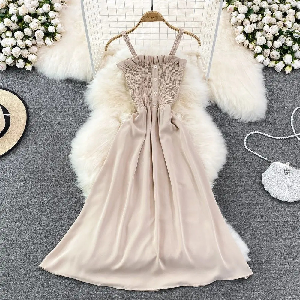 2025 Summer Pregnant Women Dress High Waist Fashion Strap Pregnancy Sleeveless Maternity Solid Color Chiffon 250114