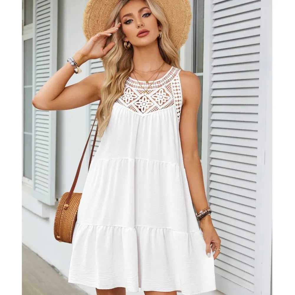 Fashion Sexy Hollow Lace Patchwork Halter Neck Women A Line Dress Summer Casual Solid Color Loose Beach Holiday Fe SundressXJ2500207