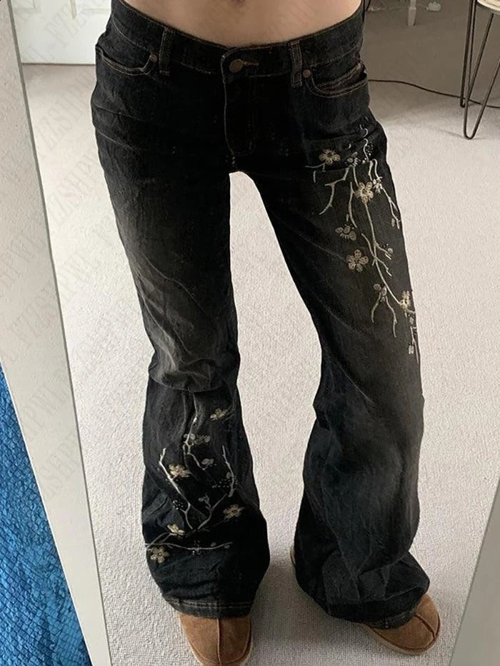 American 2000s Y2K Aesthetic Fashion Harajuku Vintage Casual Style Girl Streetwear Slim Fit Low Waist Flare Jean Trouser 250206