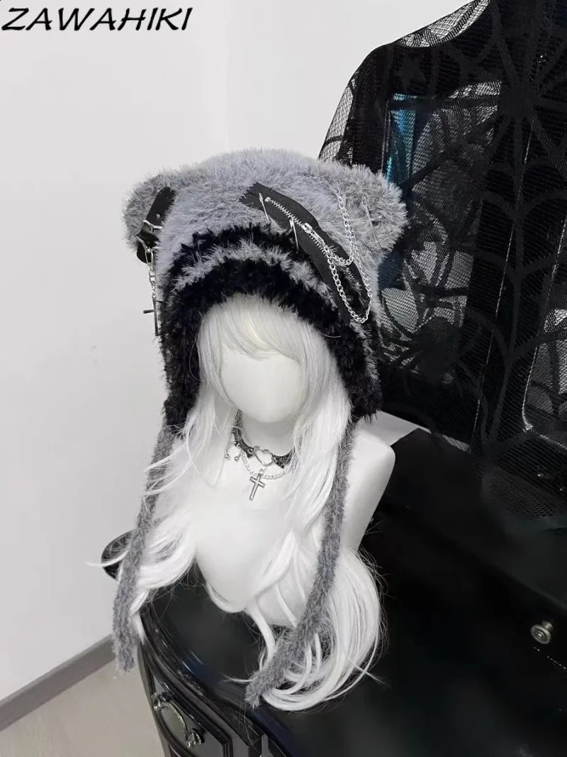 Japanese Knit Hat for Women Chains Belt Fur Hats Contrast Color Keep Warm Caps Female Fashion Cute Gorras Invierno Mujer 250120