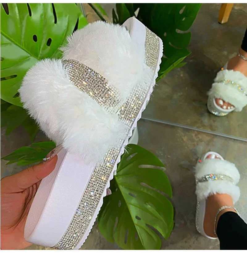 Fur Slippers Women 2024 Fi Summer Fur Slides For Woman Rhine Sandals Fluffy Female Shoes Glitter Indoor Diamd ShoesXJ250207
