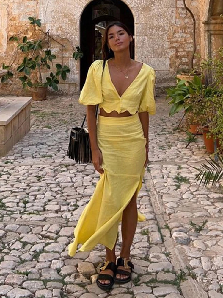 Irregular Skirts 2 Pcs Suits Women Sexy Diagonal Neck Long Flare Sleeve Lady Top Lace Up Short Skirt Chic Summer Beachwear 250206