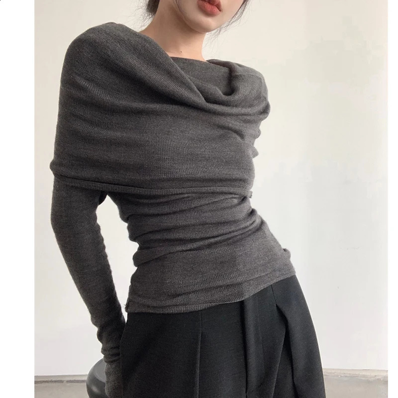Elegant Fashion Off Shoulder Women Blouse Pile Collar Knitted Shirt Ladies Office Casual Undershirt Gray Tops Mujer Blusas 250107