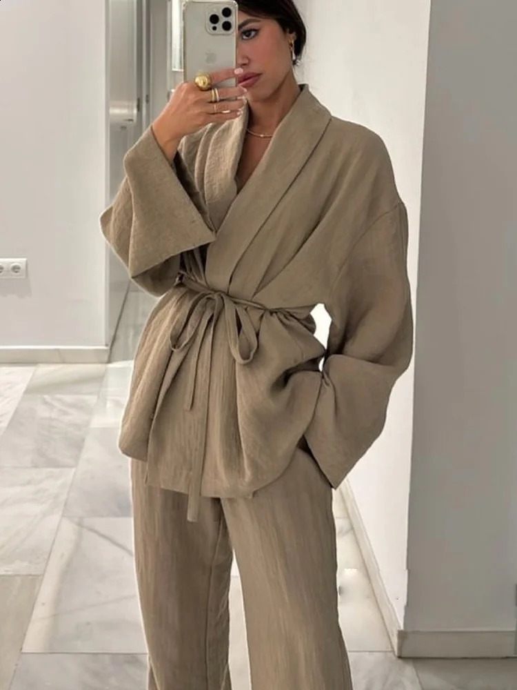 TRAF 2024 Fashion Womens Pants Suit Solid Khaki Drawstring Long Sleeve Cardgian Blouse Elastic Waist Wide Leg Pants Streetwear 250107