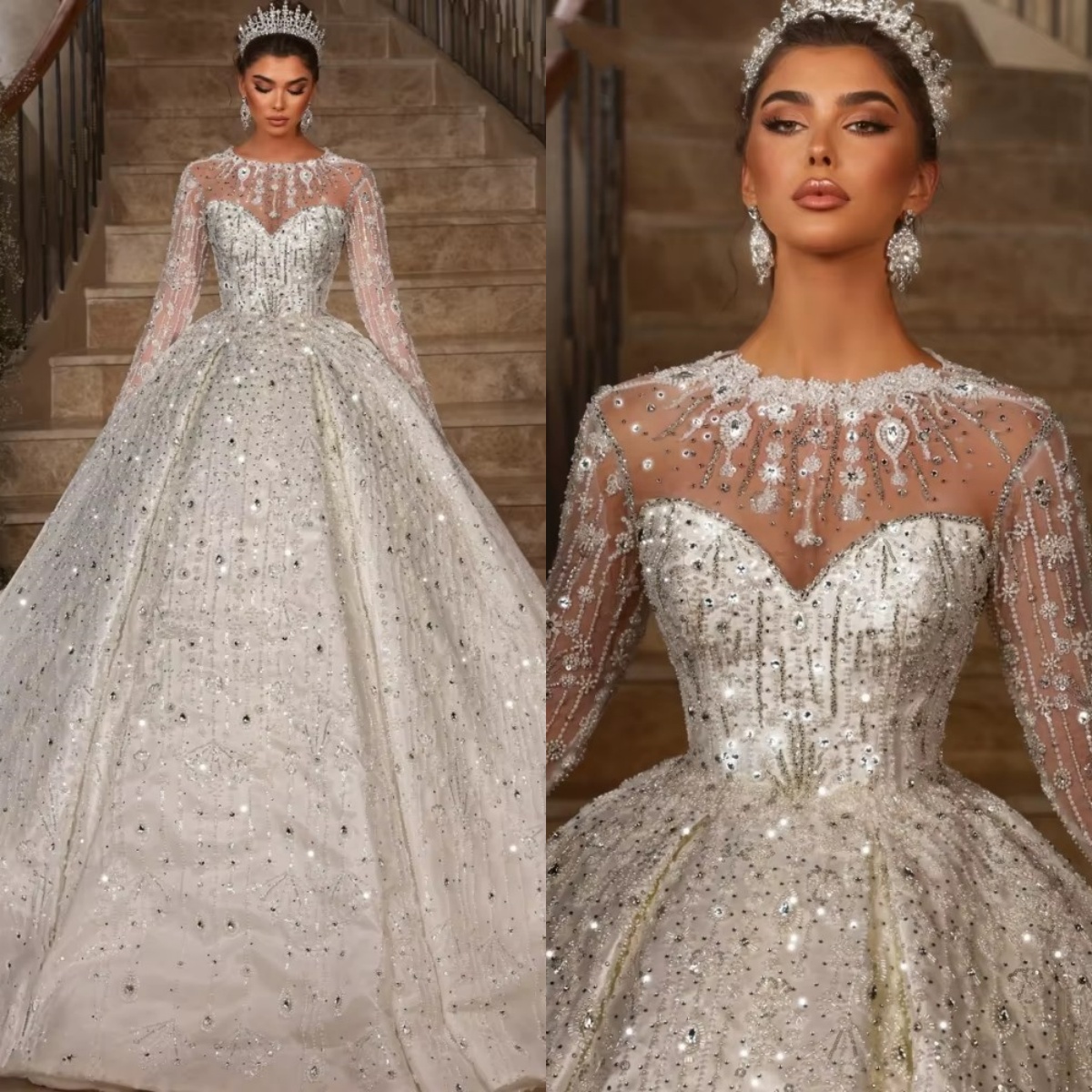 Women Wedding Jewel Neck Long Sleeves Bridal Gowns Sequins Appliques Crystal Sweep Train Dress Custom Made vestidos de novia