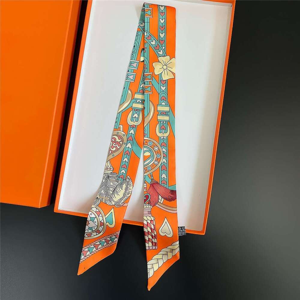 high-end twill printed women's white small tie bag handle, silk tie, wrist scarf, decorative headband