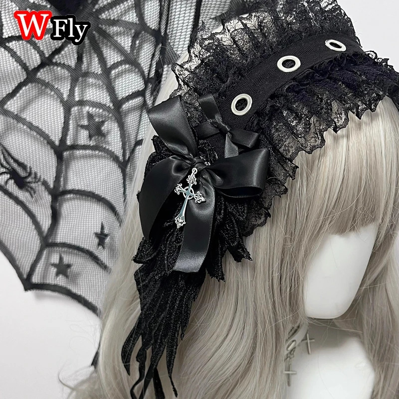 Womens Harajuku Steampunk Y2K Wing Headwear Bow Headband Lolita Gothic Dark Angel Headwear and Hair Accessories 250207