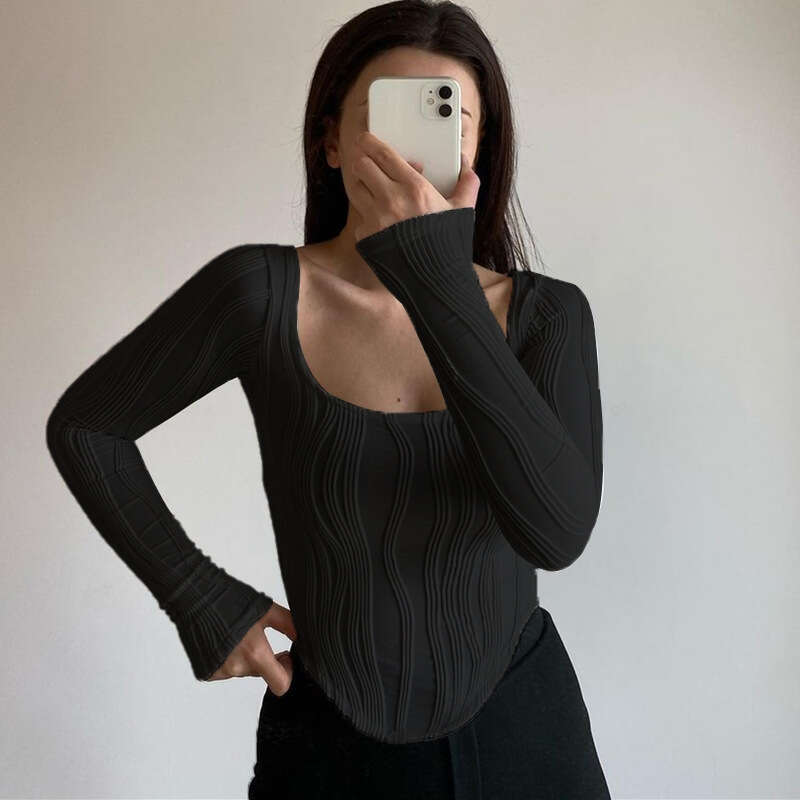 Ins2025 Summer Product French Design Fold U-neck Simple Solid Color Slimming Long Sleeve Top for Women 2025 New Style, Unique and Elegant Clothing