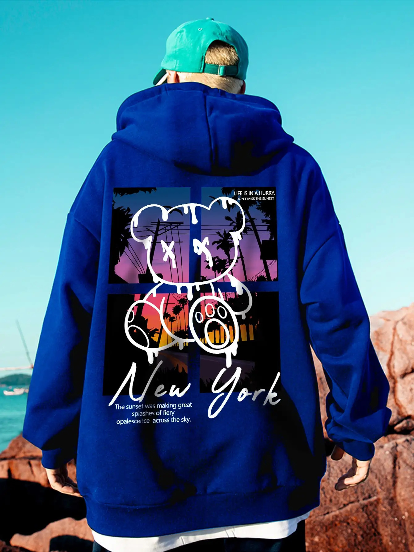 York Art Word Cartoon Bear Sunset Scenery n Male Clothing Hip Hop Street Hoodies AllMatch Pocket Pullovers Men Hoody 250207