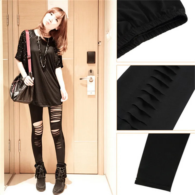 Black Punk Ripped Torn Slashed Cut Striped Leggings Pants Gothic Club Asymmetric Hole Elastic Skinny Pencil For Women Girl 250206