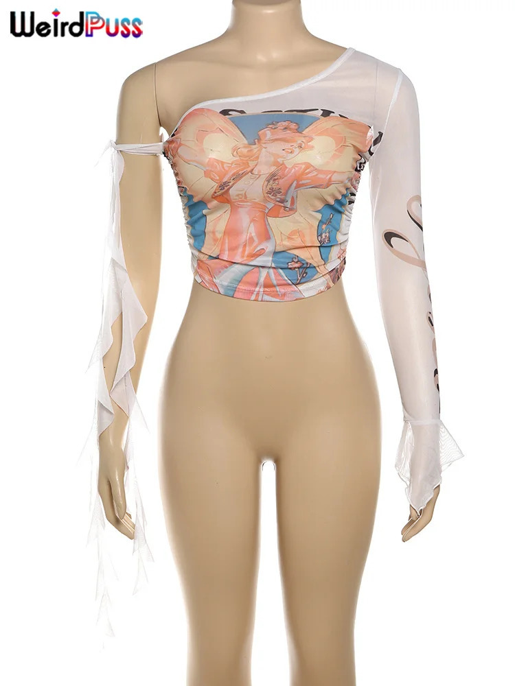 Weird Puss One Shoulder Crop Tops Women See Through Biased Collar Bandage Graphics t-Shirt Sexy Clubwear Summer Thin Tees 250206