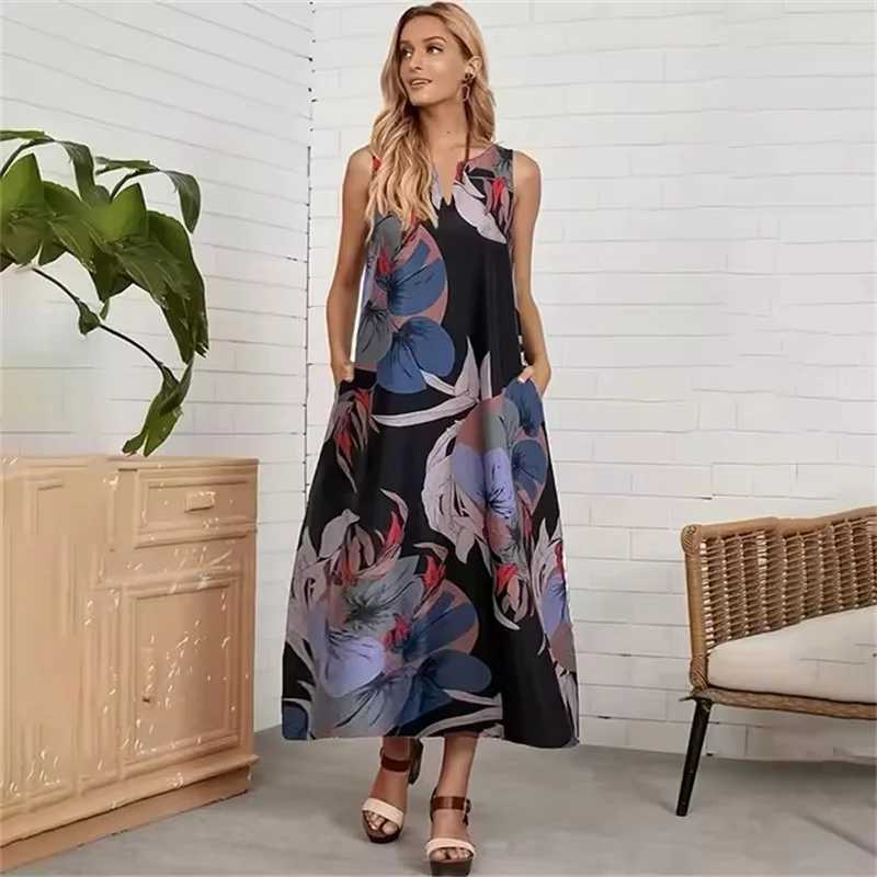 Ladies New Spring Summer Daily Casual Dress Urban Street Fashion Sveless Long Dress 3D Flower Print V-Neck Womens Maxi DressXJ2500207