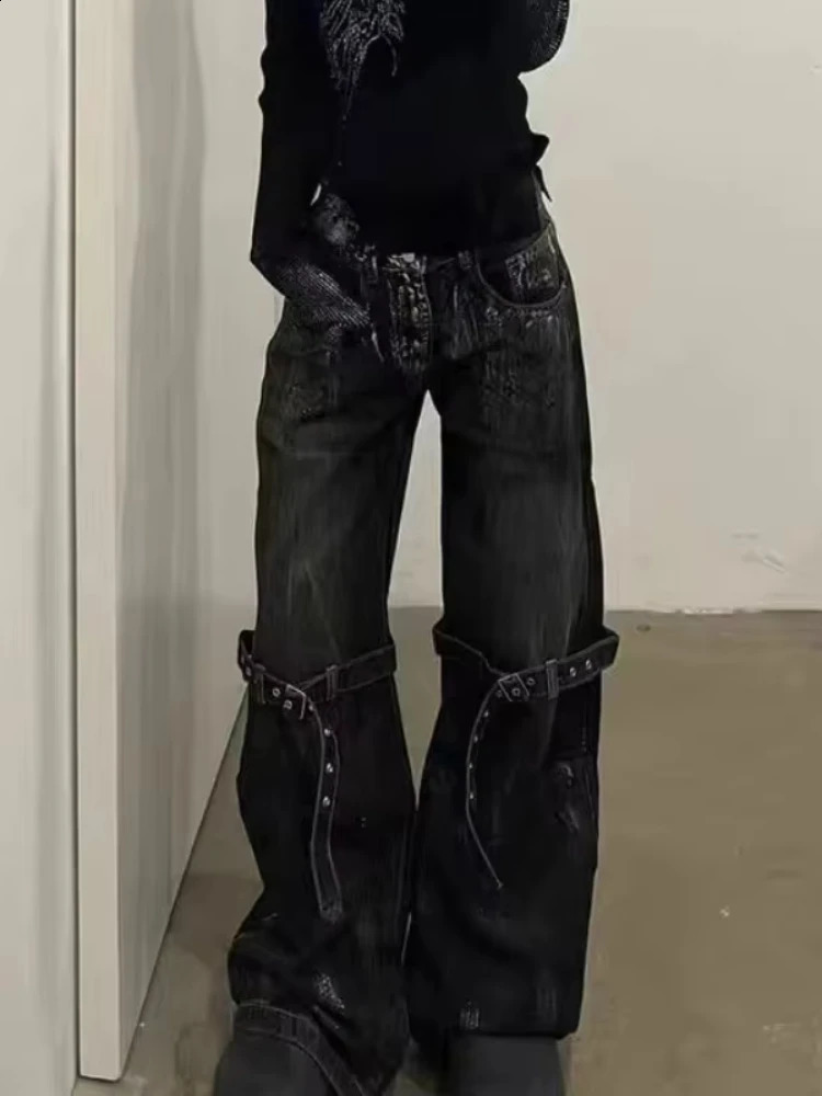 HOUZHOU Y2K Gothic Women Jeans Grunge Hip Hop Harajuku Black Denim Trousers Female Vintage Streetwear Punk High Waist Pant 250206