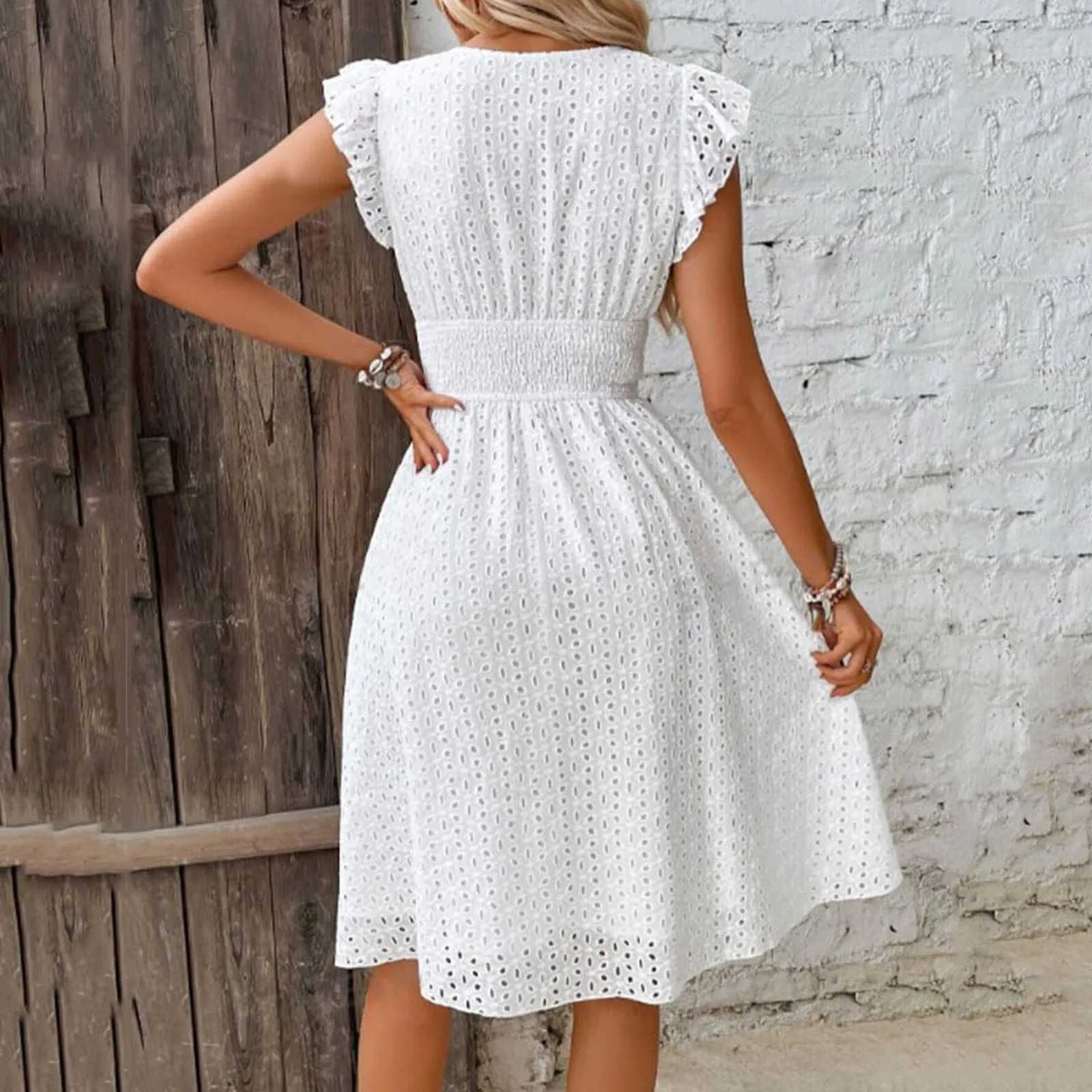 Women White V-Neck Beach Dress Solid Summer A-Line Half Sve Shirt Dress Casual Loose Pocket Sundress Holiday Baggy Long RobeXJ2500207