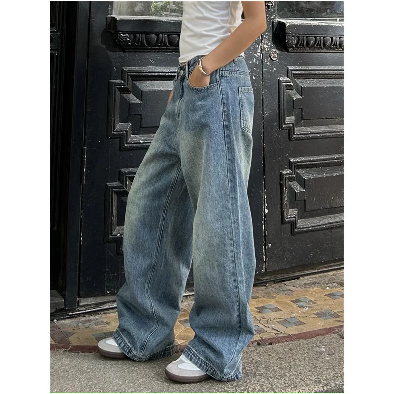 Blue Womens Jeans High Waist Vintage Straight Summer Y2K Classic Denim Pants Streetwear American Wide Leg Baggy Trouser 250121