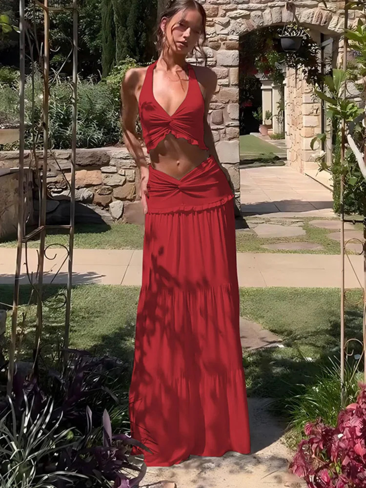 Mozision Sexy Sleeveless Skirt Two Pieces Sets For Women V-neck Hollow Out Crop Tops And Long Skirt Patchwork Two Pieces Sets 250206