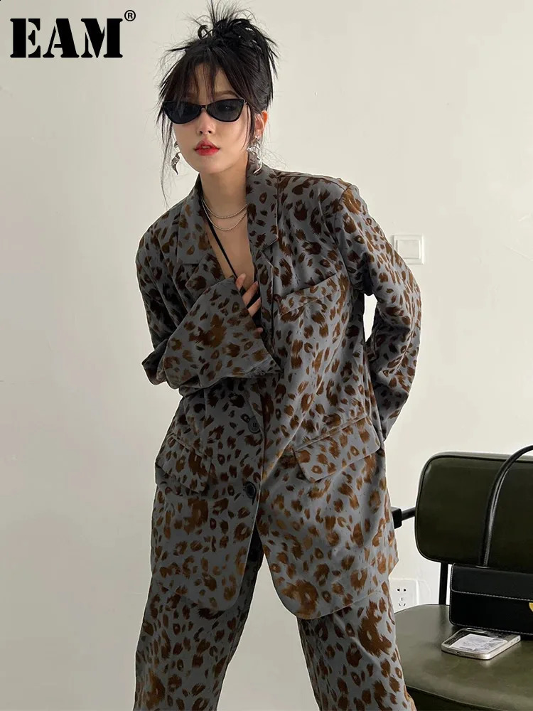 EAM Two Piece Suit Wide Leg Pants Leopard Print Big Size Lapel Long Sleeve Women Fashion Spring Autumn 2024 1DF1166 250107