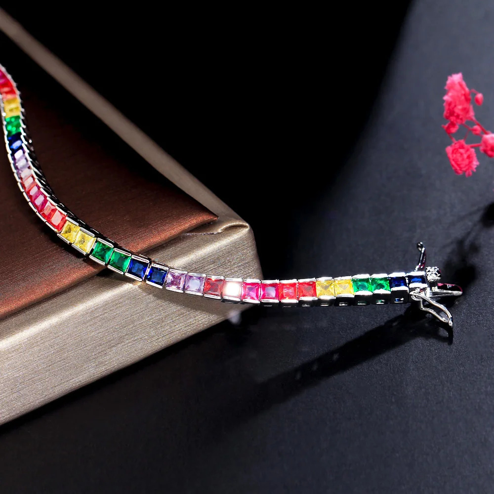 CWWZircons Shiny 5A Cubic Zircon Fine Fashion Rainbow Colorful Iced Out Sqaure CZ Tennis Chain Bracelet for Women CB294 250207