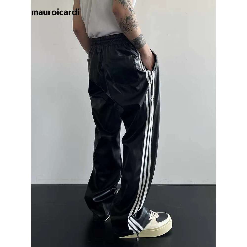 Leather Pants Mauroicardi Spring Autumn Cool Black Soft Stretchy Waterproof Pu Leather Pants For Men With Elastic Waist Loose Casual Clothes