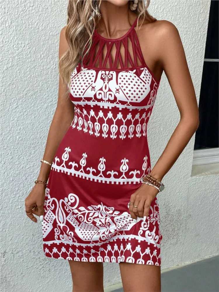 Sexy Dress For Women Hollow Off Sveless Printed Dress Retro Ele Vacation Beach Sundress Slim Fitting Women Midi VestidosXJ2500207