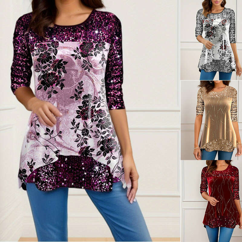 New European American popular women's tops for autumn winter, fashionable printed round neck T-shirt, 2024 new style, chic and elegant clothing