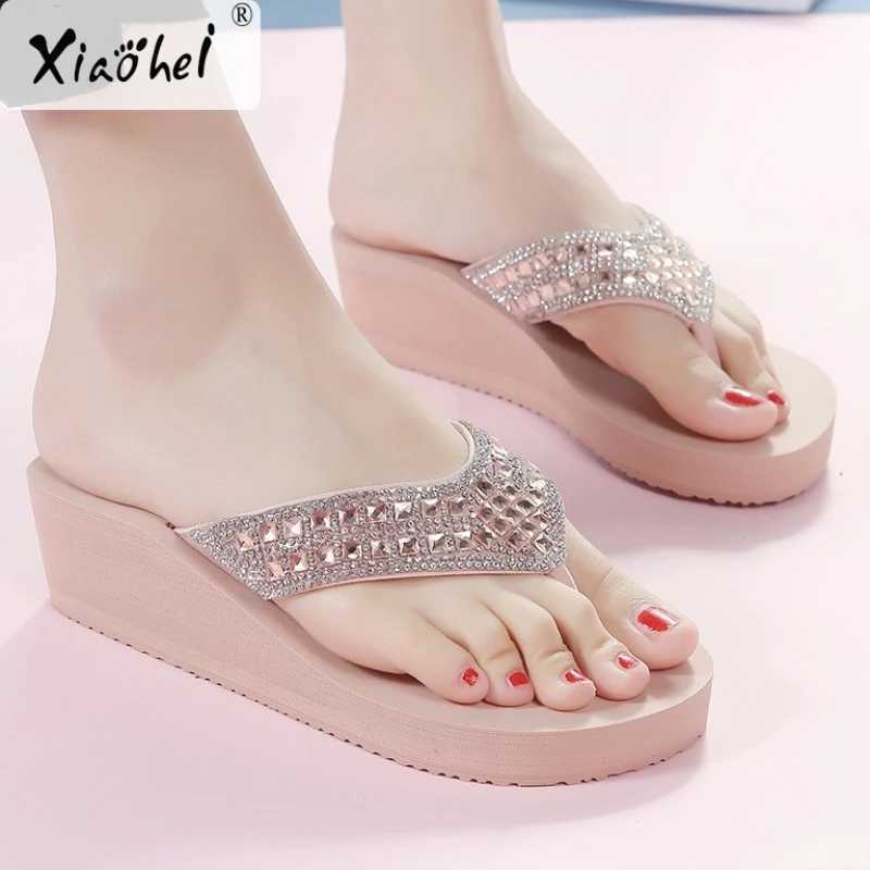 New Rhine Slippers Women 2024 Fi Crystal Slides Platform Shoes Lady Sexy Rainbow Shiny Diamd Chunky Flip-flopsXJ250207