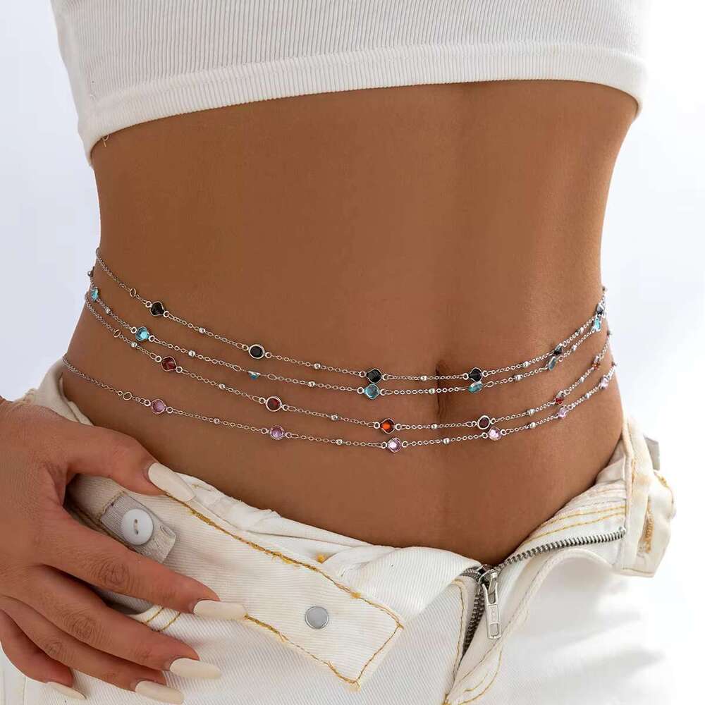 Salircon Minimalism Sier Color Metal Slim Belly Waist Chain Fashion Crystal Glass Summer Women Sexy Bikini Body Jewelry