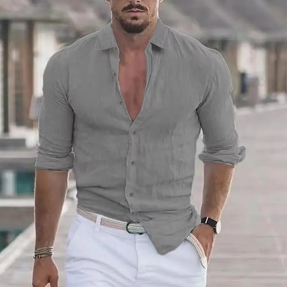 Spring Autumn Mens Cozy Cotton Linen Solid Color Shirt Long Sleeve Loose Lightweight Breathable Top Casual Versatile Male Shirt 250206