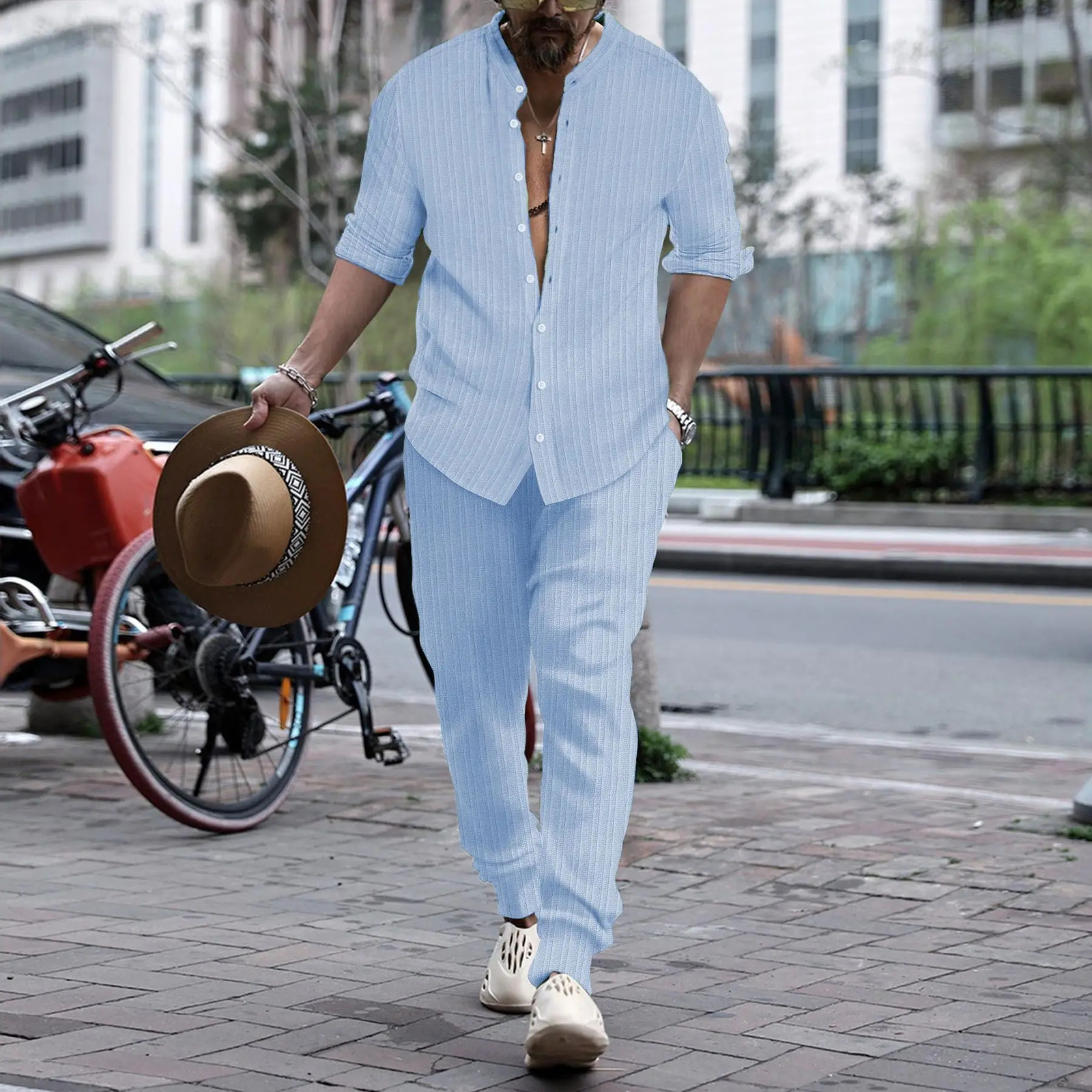 2024 Spring and Autumn mens standup collar striped jacquard shirt clothing Hawaiian sports street fashion suit 250207