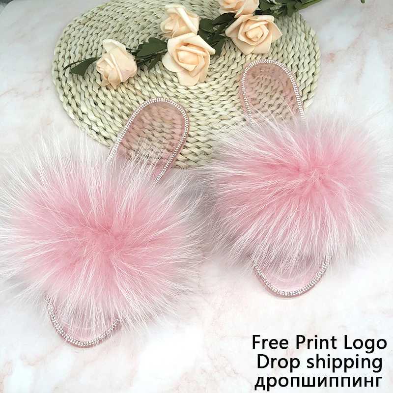 Summer Jelly Shoes Plush Fur Slippers Women Real Fox Fur Slides Outdoor Flat Sandals Big Size Shoes For Women Flip FlopsXJ250207