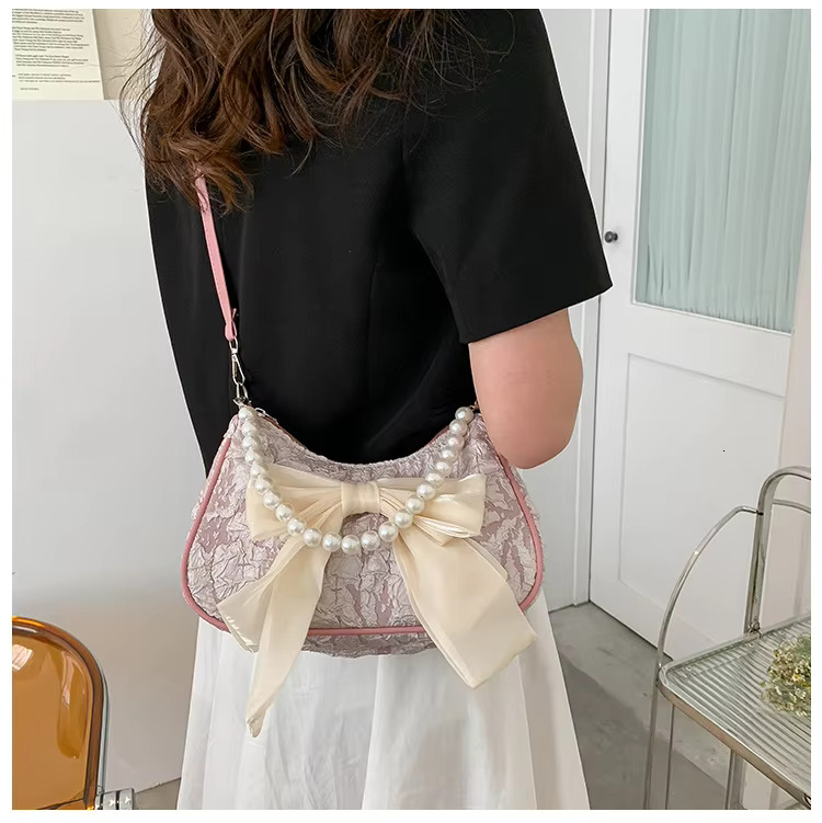 Pearl Female Bag Retro Designer Handbag Bow Crossbody Bags Fashion Canvas Women's Trend Shoulder Bag Purses Polyester Casual