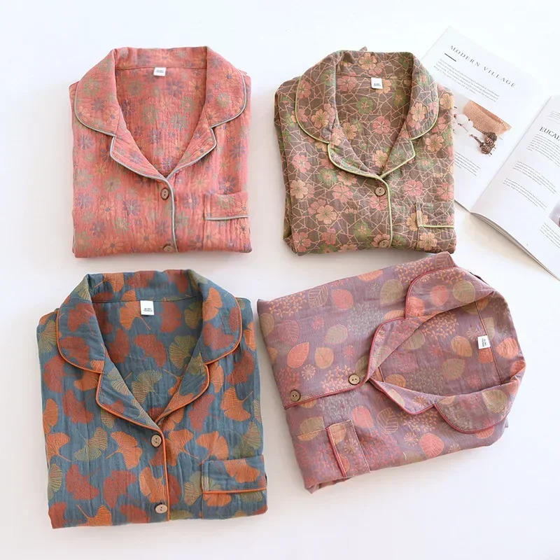 Ethnic Style 100% Cotton Print Pajamas for Women 2 Pieces Outfit Loungewear Jacquard Gauze Sleepwear Long Sleeve Home Clothes 250207
