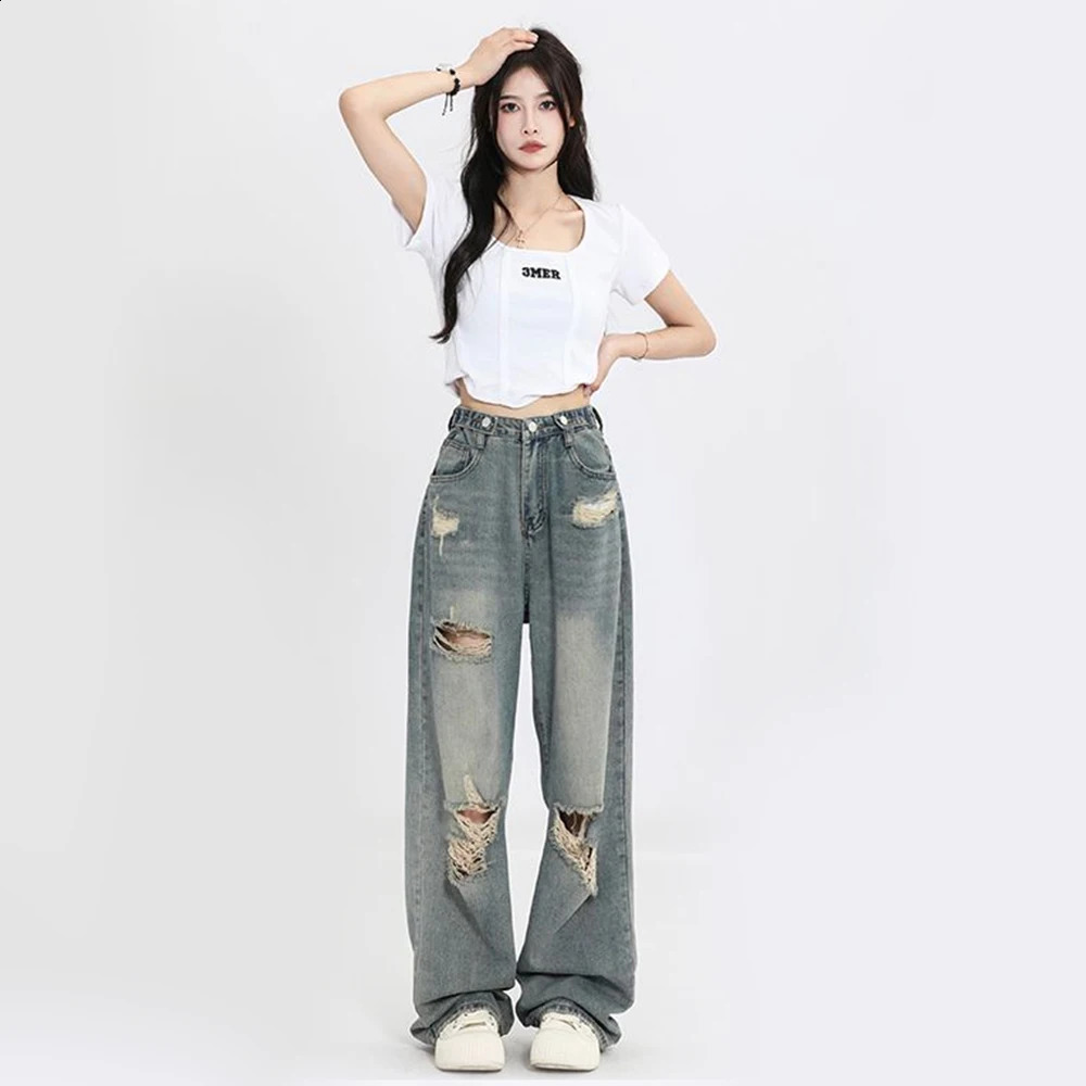 American Retro Holepunched Jean High Waist Straigrotch Loose Slim n Highstreet Vibe Widelegged Dragging Pants 250206