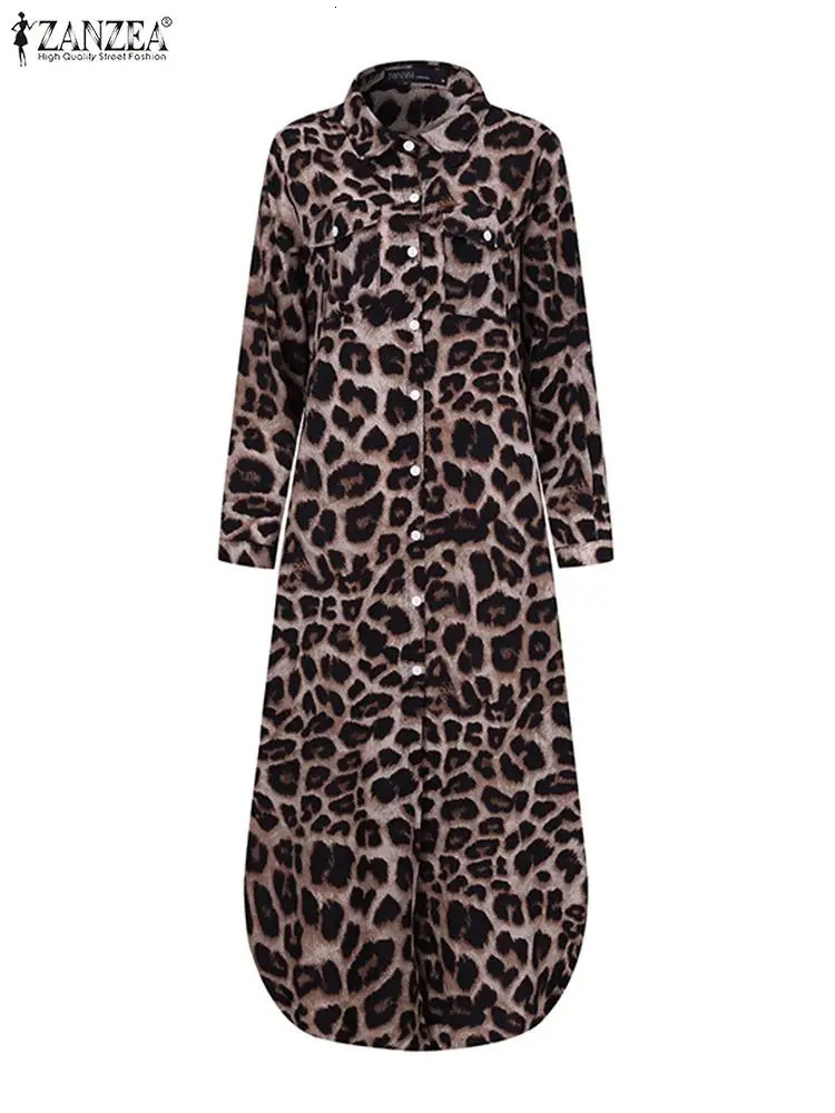 ZANZEA Party Vintage Leopard Robe Autumn Casual Long Sleeve Maxi Long Vestidos Dress Fashion Oversized Women Shirt Sundress 250207