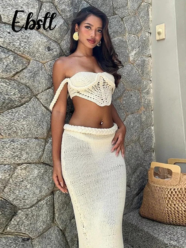 Sexy Knitted Tanks Skirts Set Women Chic Hollow-out Backless Sling Crop Top Hip Package Long Skirt Female Beach Outfits 250206