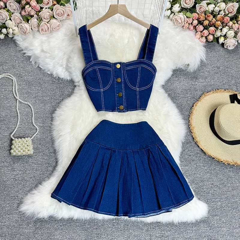 Two Piece Sets Women Sexy Dress Sets Skirt Set Sling Sleeveless Casual Denim Tops Short Skirts A Line Elegant Splice Y2k Summer 250207