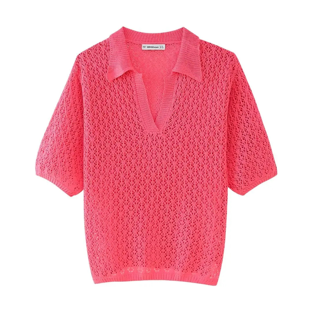 DUOPERI Women Fashion Jacquard Solid Knitted Mesh Out Pullover Polo Shirt Short Sleeve Female Chic Lady Casual Tops 250207