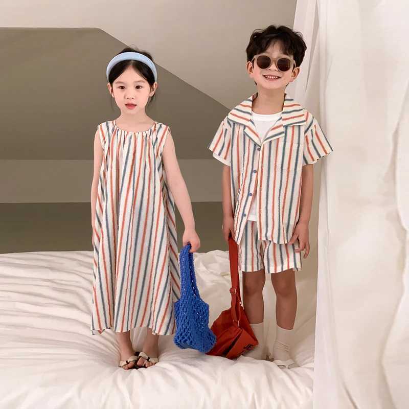 Brother Sister 2023 Summer Striped Boy Clothes Set Girl Striped Dress Korean Style family matching outfits Sibling look W250207